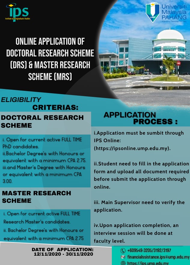 ONLINE APPLICATION OF DOCTORAL RESEARCH SCHEME (DRS) & MASTER RESEARCH SCHEME (MRS) SEMESTER I SESSION 2020/2021.